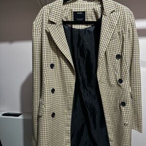 Bershka Checkered Double-Breasted Coat - Black and Cream